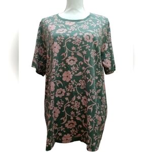 Lands End Womens Green with Pink Floral pattern short sleeve top 1x